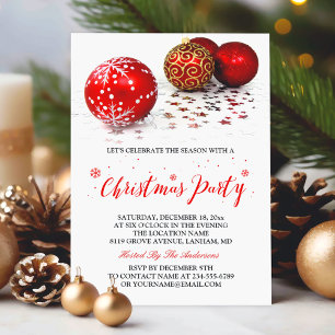 Invitation Gold Red Baubles Simple Soirée de Noël stylée