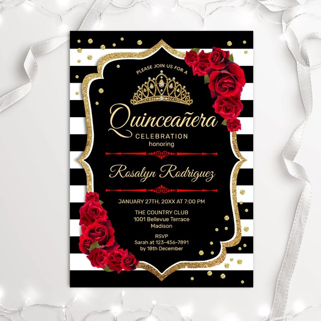 Invitation Gold Red Black White Stripes Quinceanera (Créateur téléchargé)