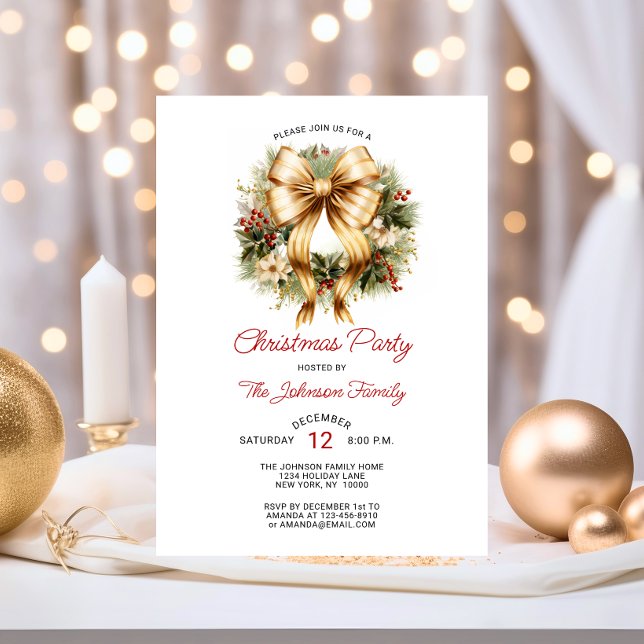 Invitation Gold & Red CHRISTMAS PARTY Wreath Company (Festive CHRISTMAS PARTY Red Gold Wreath Company Invitation)