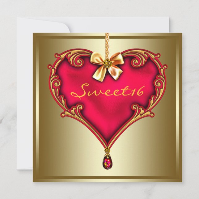 Invitation Gold Red Heart Sweet 16 Anniversaire (Devant)