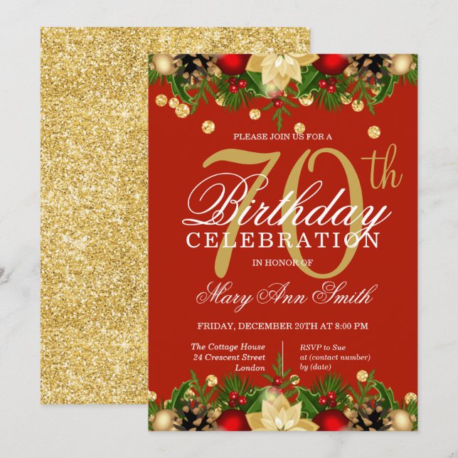 Invitation Gold & Red Holiday Parties scintillant 70e fête d' (Devant / Derrière)