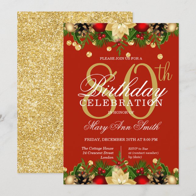 Invitation Gold & Red Holiday Parties scintillant 80e fête d' (Devant / Derrière)