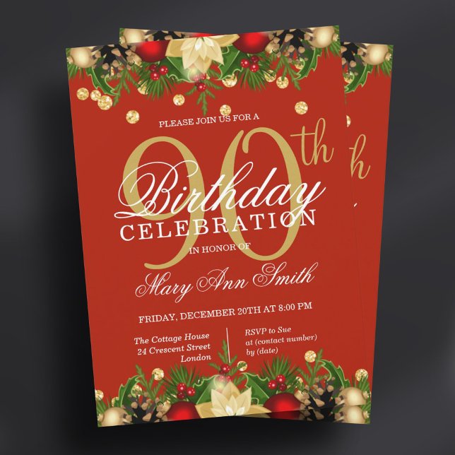Invitation Gold & Red Holiday Parties scintillant 90e fête d' (Gold & Red Holiday Glitter 90th Birthday Party Invitation)