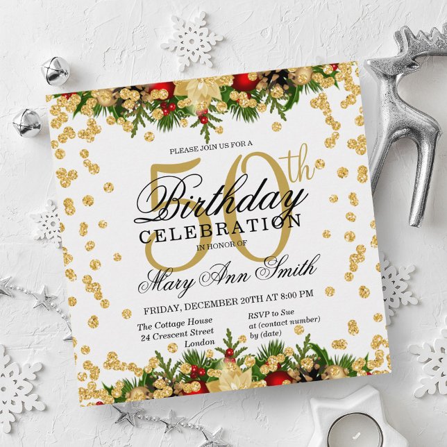 Invitation Gold & Red Holiday Parties scintillant Glam 50e an (Gold & Red Holiday Glitter Glam 50th Birthday Invitation)