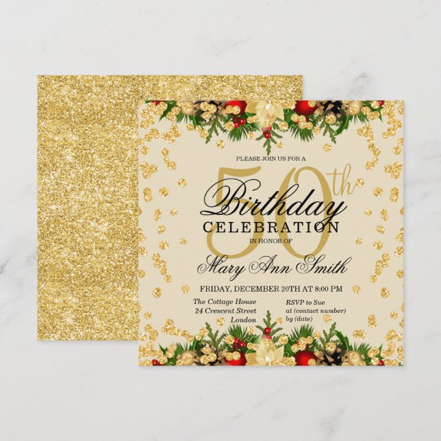 Invitation Gold & Red Holiday Parties scintillant Glam 50th B (Devant / Derrière)