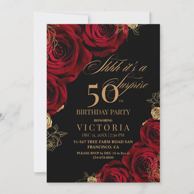 Invitation Gold & Red Roses Surprise 50e anniversaire Invitat (Devant)