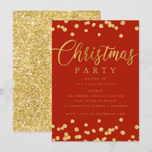 Invitation Gold Red Script Confetti Fête de Noël