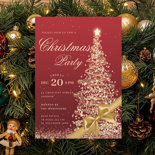 Invitation Gold Red Winter Christmas Tree Bow Holiday Party  (Gold Red Winter Christmas Tree Bow Holiday Party Invitation)