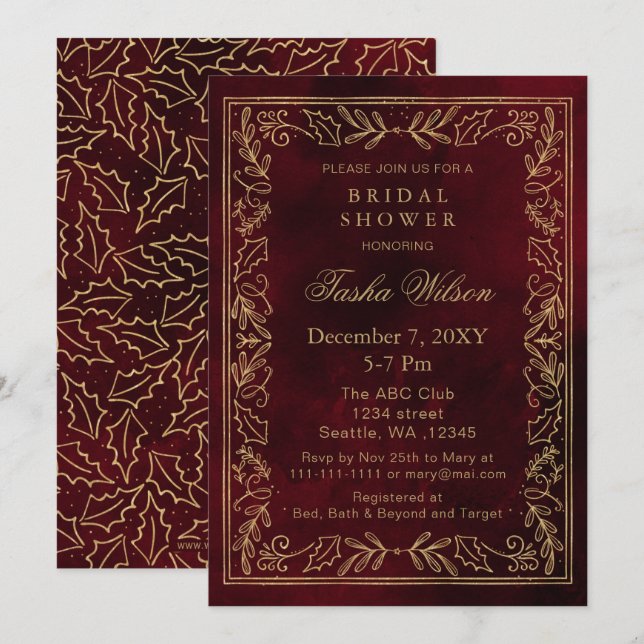 Invitation Gold Red Winter Foliage Fête des mariées de vacanc (Devant / Derrière)