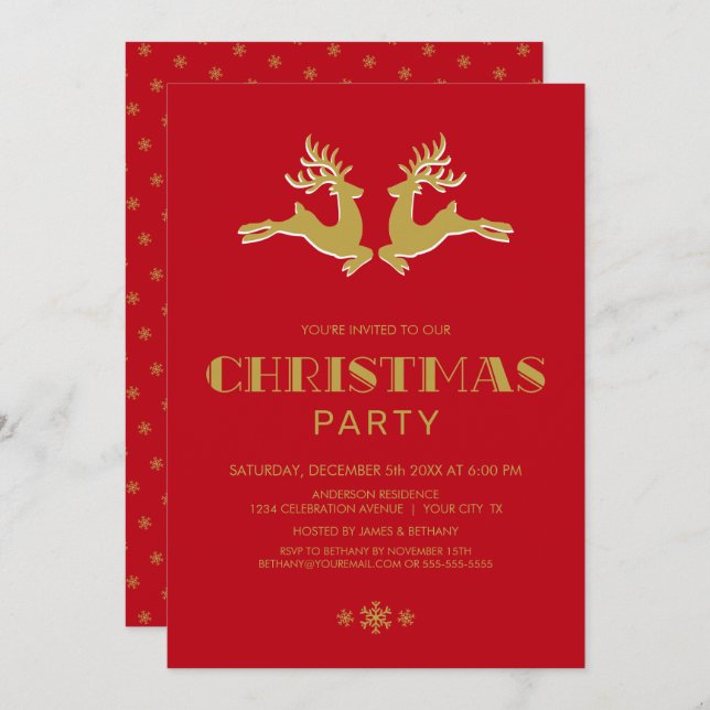 Invitation Gold Reinder Red Christmas Party (Devant / Derrière)