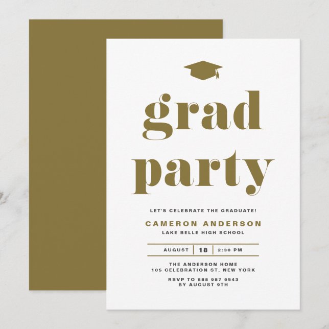 Invitation Gold Retro Bold Typographie Partie de graduation (Devant / Derrière)