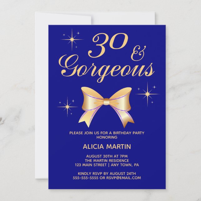 Invitation Gold Ribbon Girl 30 & Gorgeous Navy 30e anniversai (Devant)