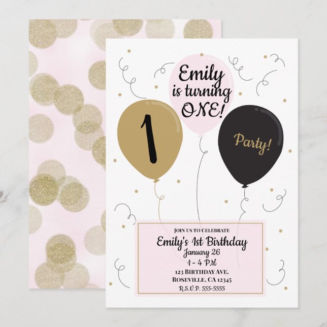 Invitation Gold Rose & Black Balloons Fille 1er anniversaire  (Devant / Derrière)
