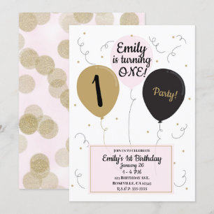Invitation Gold Rose & Black Balloons Fille 1er anniversaire 