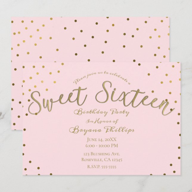 Invitation Gold & Rose Blush Modern Sweet 16 Anniversaire (Devant / Derrière)