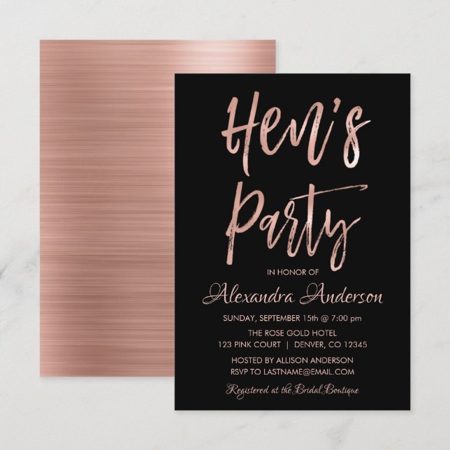Invitation Gold rose - Blush Pink Hen's Party (Devant / Derrière)