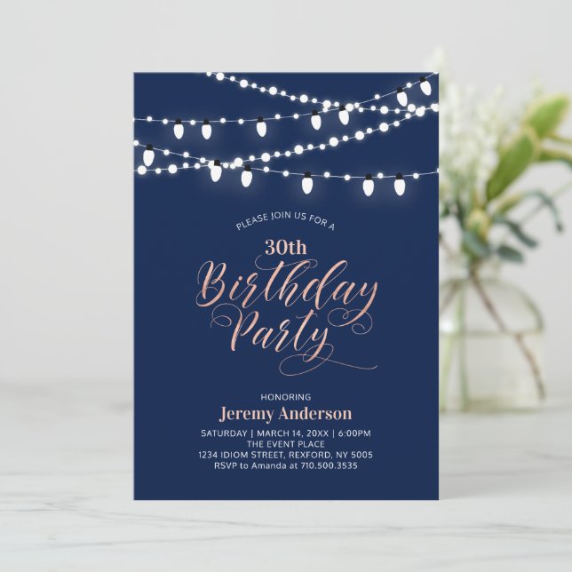 Invitation Gold rose & Marine Moderne 60e fête d'anniversaire (Debout devant)