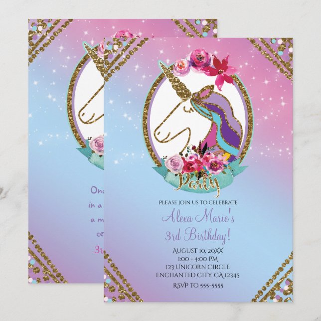 Invitation Gold rose violet magique Unicorne fête d'anniversa (Devant / Derrière)