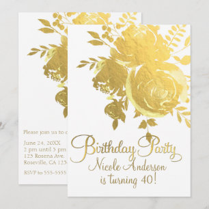 Invitation Gold Roses Faux Foil Élégante fête d'anniversaire 