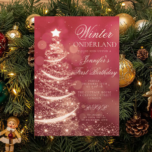 Invitation Gold Rouge Noël Hiver Onederland 1er Anniversaire