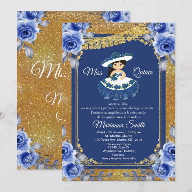 Invitation Gold Royal Blue Roses Quinceañera  (Devant / Derrière)
