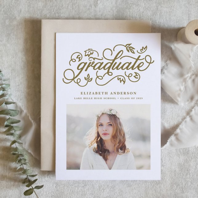Invitation Gold Rustic Calligraphie Photo Graduation (Customizable photo graduation invitation featuring whimsical rustic calligraphy. )
