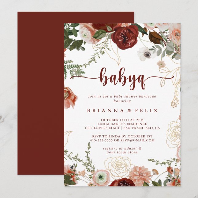 Invitation Gold Rustic Floral BabyQ Baby shower Barbecue (Devant / Derrière)