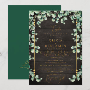 Invitation Gold Rustic Wood & Eucalyptus Mariage de verdure I