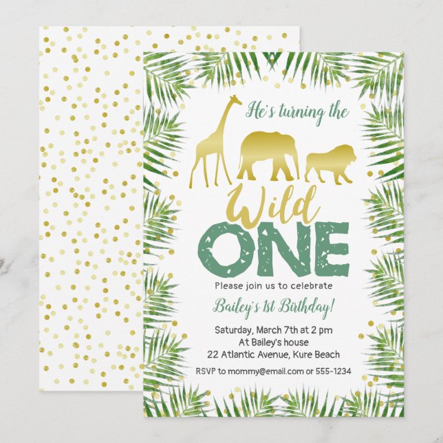Invitation Gold Safari Animaux WILD UN 1er anniversaire (Devant / Derrière)