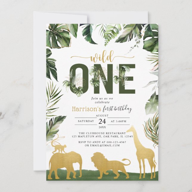 Invitation Gold Safari Jungle Animaux Wild Un premier anniver (Devant)