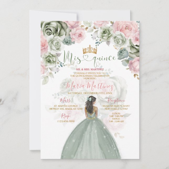 Invitation Gold Sage Vert et rose Floral Princess Mis Quince (Devant)