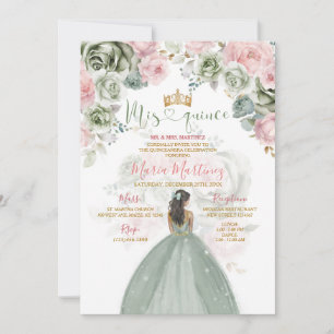 Invitation Gold Sage Vert et rose Floral Princess Mis Quince