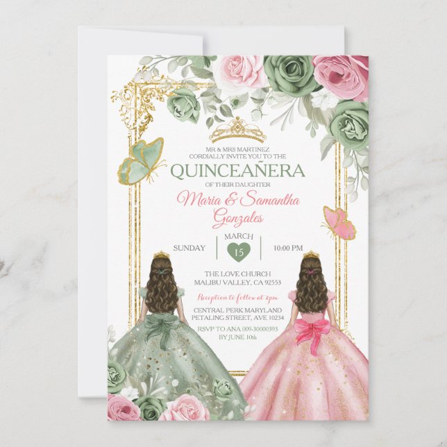 Invitation Gold Sage Vert Et Rose Twin Quinceañera (Devant)