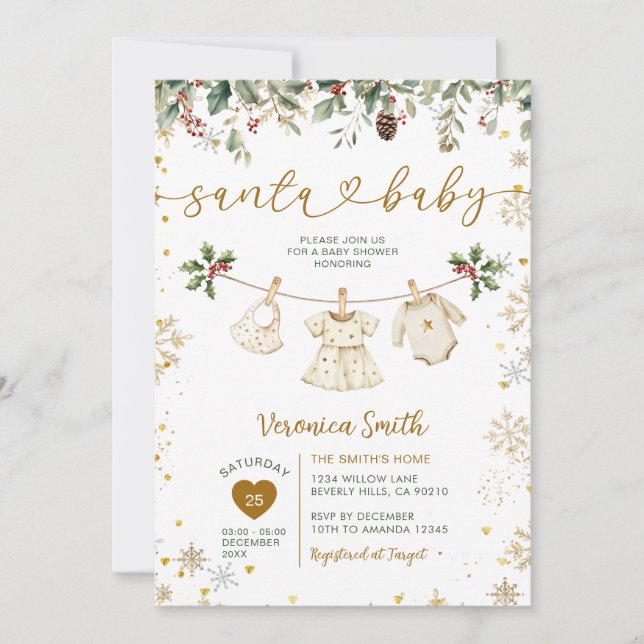 Invitation Gold Santa Baby Shower Clothes Christmas Floral (Devant)