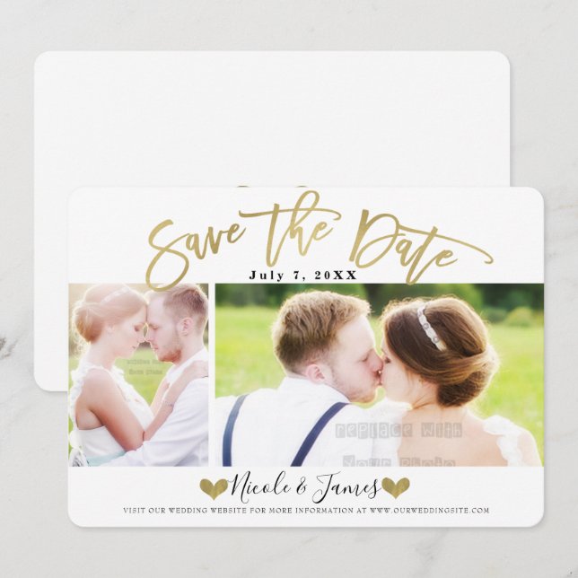Invitation Gold Save the Date Modern Photo Mariage Fiançaille (Devant / Derrière)