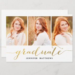 Invitation Gold Script 3 Photos Collage Graduation Party