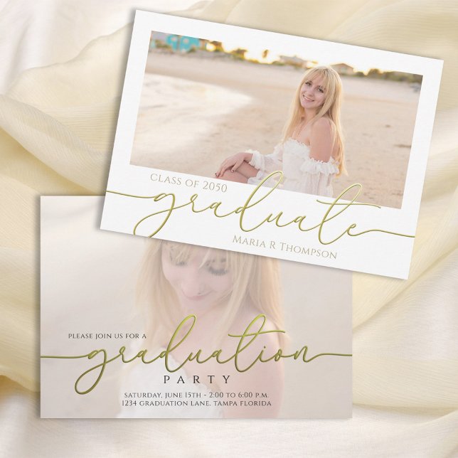 Invitation Gold Script Graduation Photo Elegant Personnalisé (Graduation photo invitation template with elegant gold calligraphy script. )