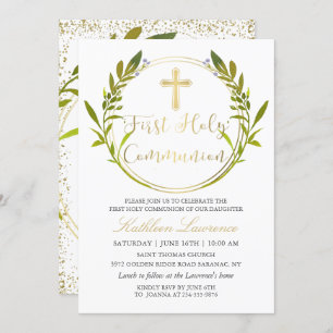 Invitation Gold Script Green Wreath Première communion sainte