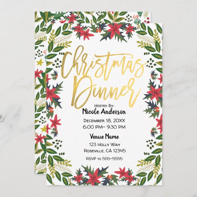 Invitation Gold Script Noël Fête Florale Rustique (Devant / Derrière)