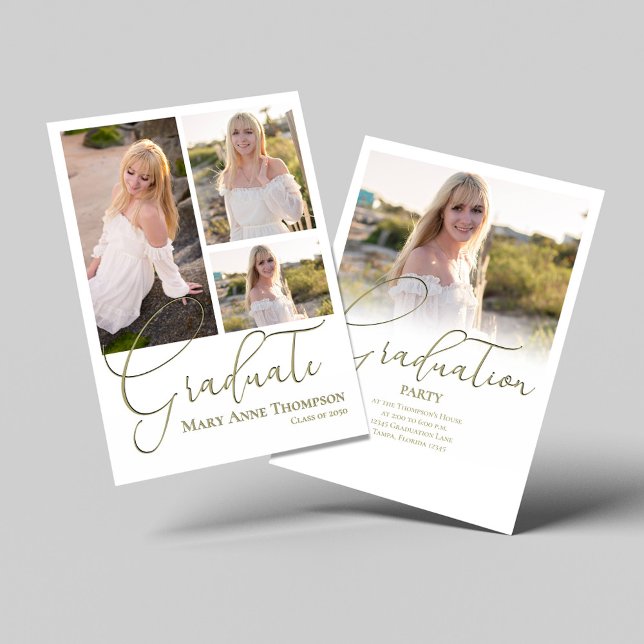 Invitation Gold Script Photo Collage Partie de graduation (Graduate photo collage template. )