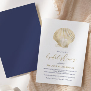 Invitation Gold Seashell Navy Blue Beach Fête des mariées
