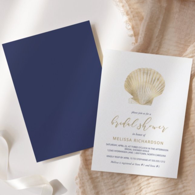 Invitation Gold Seashell Navy Blue Beach Fête des mariées (Créateur téléchargé)
