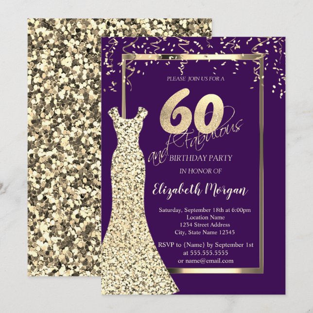 Invitation Gold Sequins Dress Purple 60th Birthday  (Devant / Derrière)