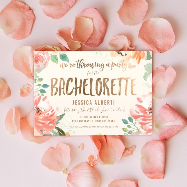 Invitation Gold Shimmer Floral Aquarelle Bachelorette Party (Créateur téléchargé)