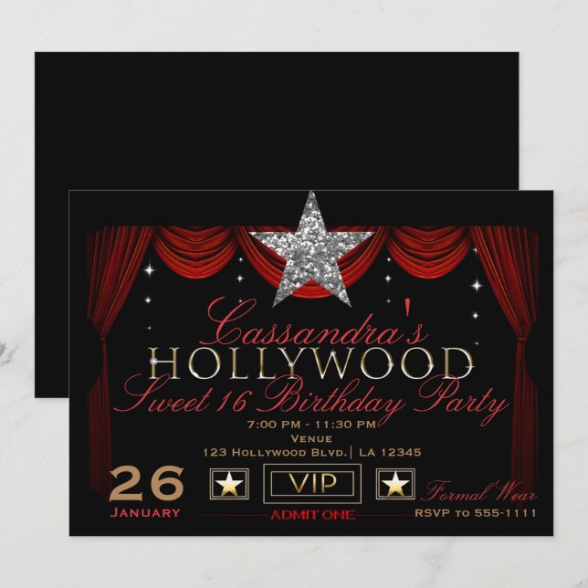 Invitation Gold Silver Black & Red Hollywood fête d'anniversa (Devant / Derrière)