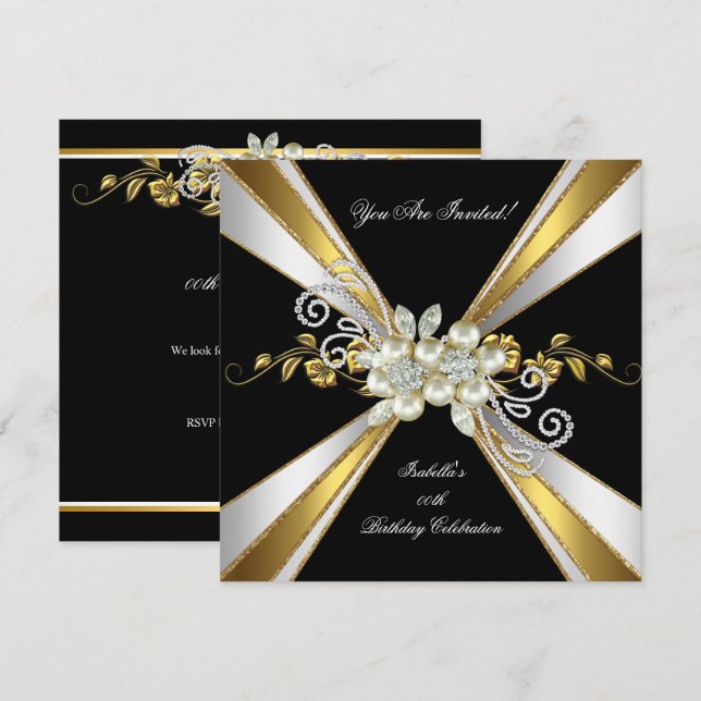 Invitation Gold Silver Black White Diamond Pearl Anniversaire (Devant / Derrière)