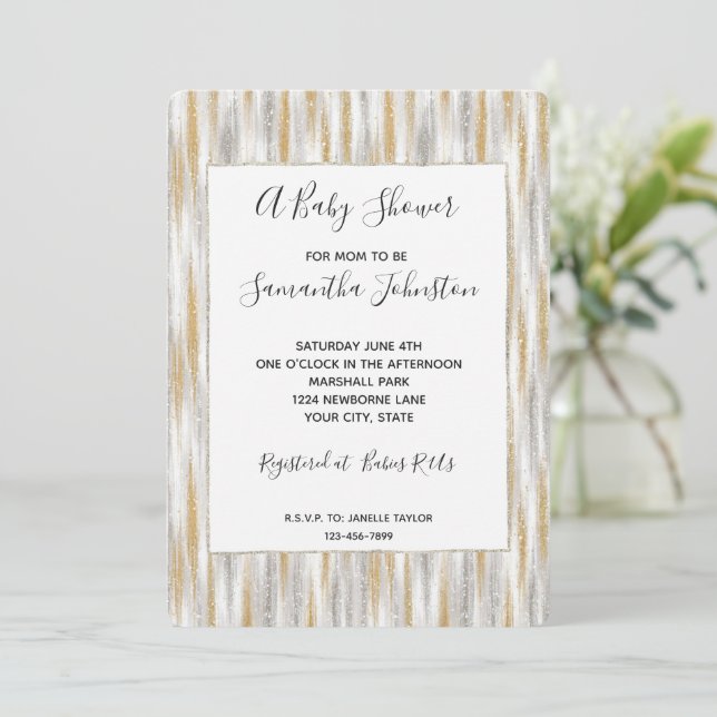 Invitation Gold Silver Chic Glam Glitzy Stripes Baby Shower (Debout devant)
