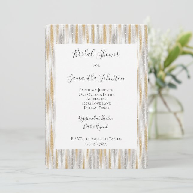 Invitation Gold Silver Chic Glam Glitzy Stripes Bridal Shower (Debout devant)