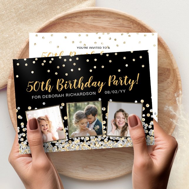 Invitation Gold Silver Confetti Photo Collage 50e anniversair (Gold Silver Confetti Photo Collage 50th Birthday Invitation)