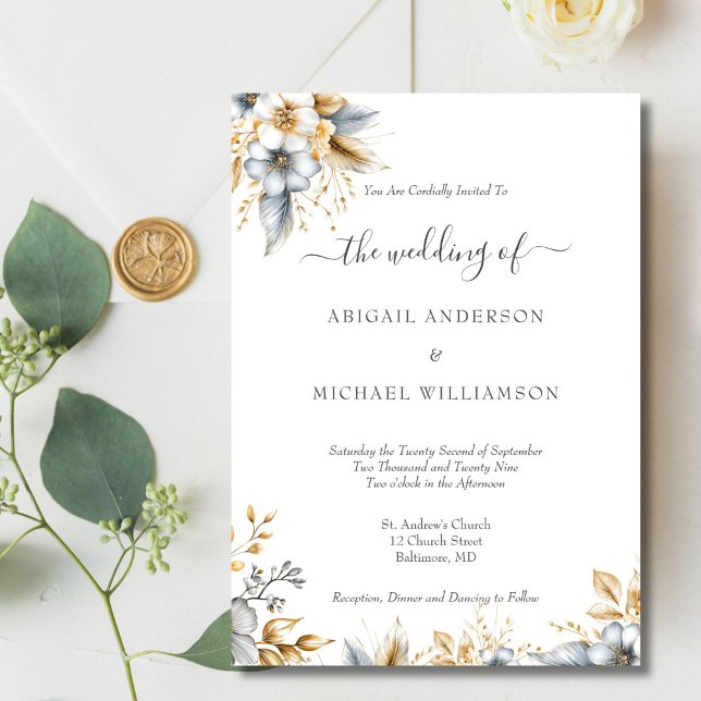 Invitation Gold Silver Floral Botanical Mariage élégant (Gold Silver Floral Botanical Watercolor Elegant Traditional Wedding invitation. Printed or Digital )